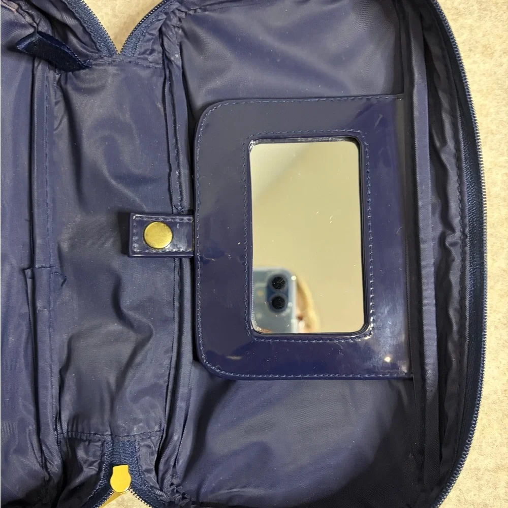 Estée Lauder Make Up Travel Bag Navy Blue Tan Rim‎ Zipper Mirror 10x5x2.5”